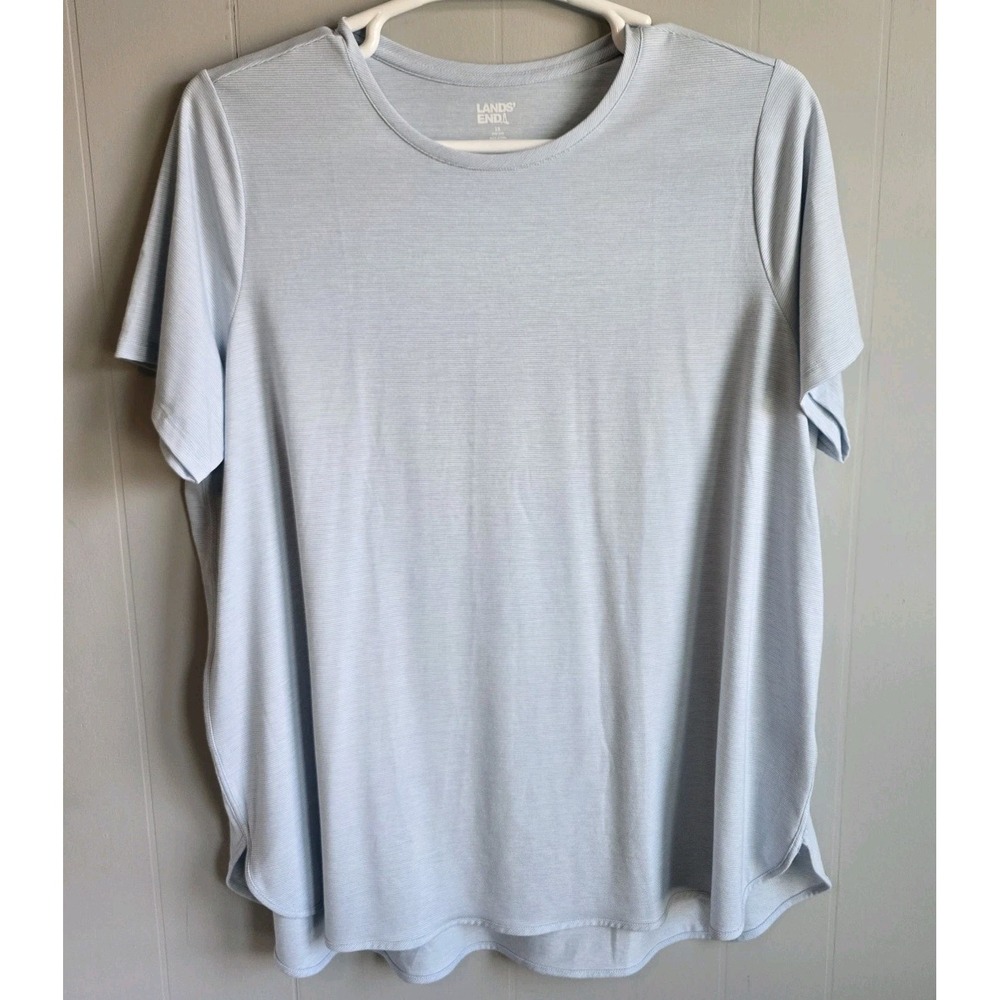 Lands' End T-Shirt Womens 2X Light Blue Micro-Stripe Curved Hem Tee